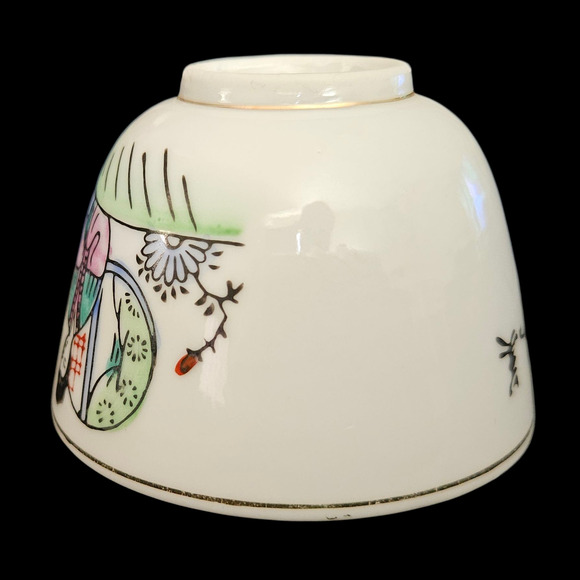 Set of 4 Vintage Asian Porcelain Rice Bowls Hand Painted Geisha & Calligraphy 3" - Picture 4 of 7